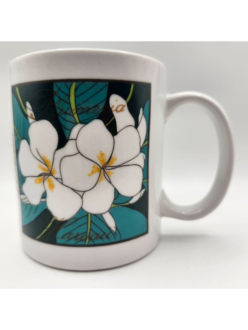 Hawaii Hawaiian Plumeria Floral Coffee Mug White Ceramic 12oz